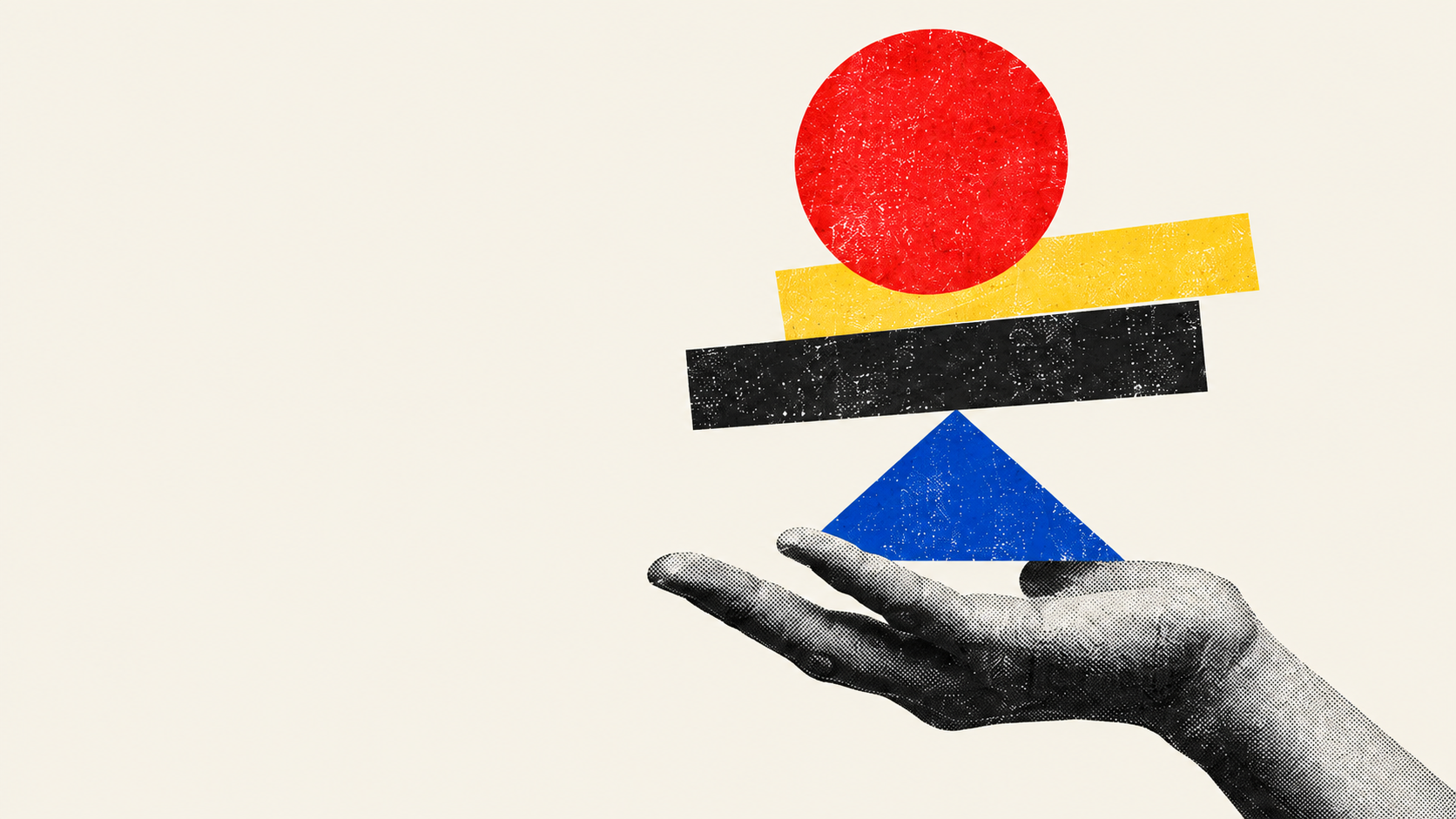 Printed collage of a hand balancing colorful geometric shapes
