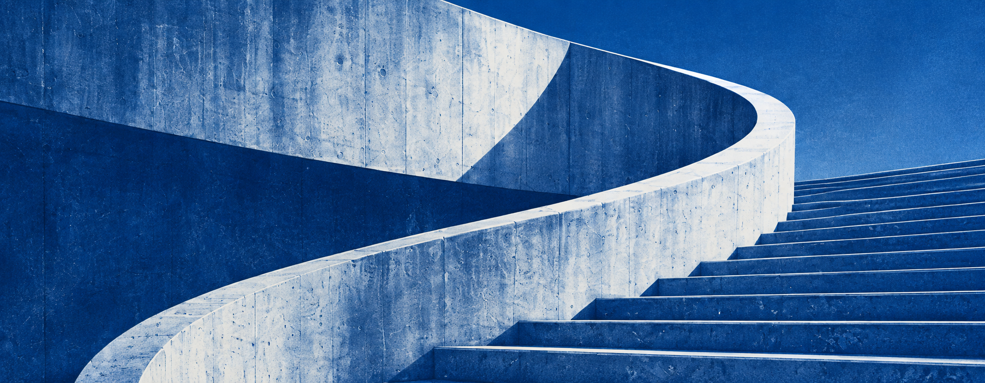 Cobalt print illustration of a sweeping concrete staircase