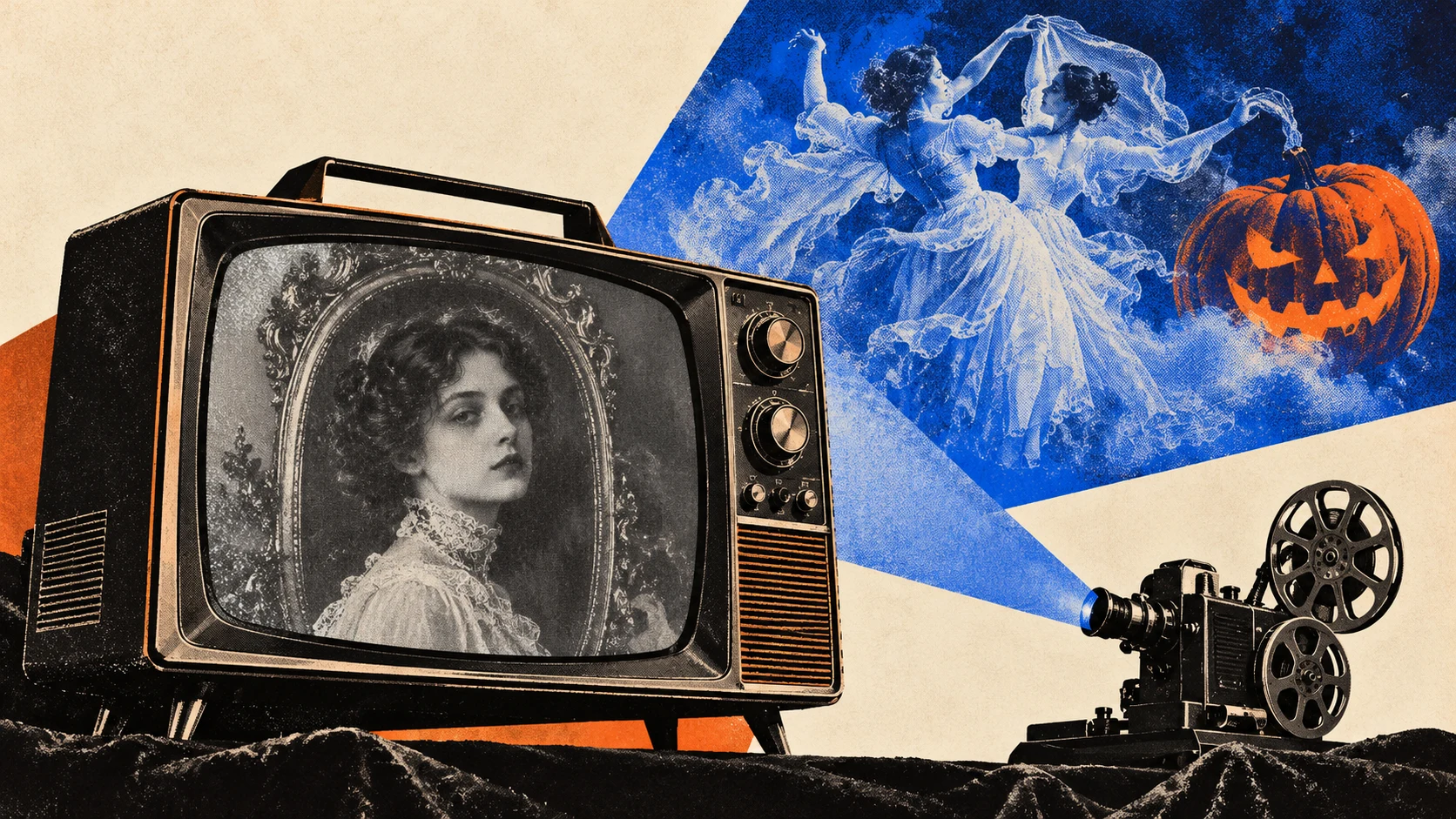 Vintage collage of a haunted portrait on a television, a film projector, ghostly dancers, and an orange jack-o’-lantern in a cobalt beam of light.